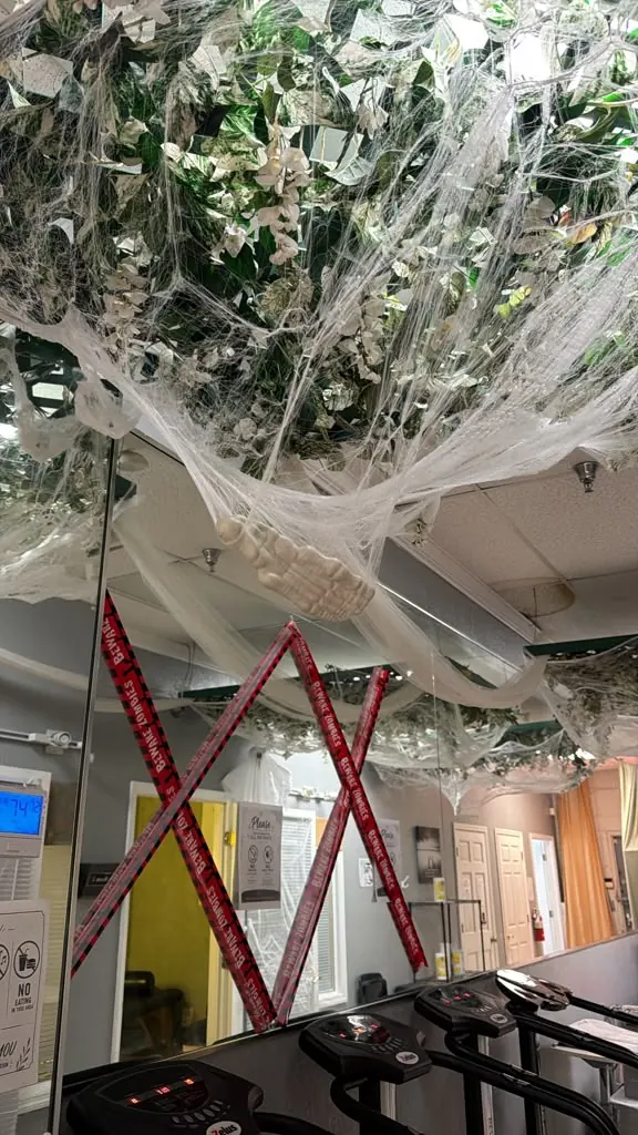Spider web and vine Halloween decorations on the ceiling of the Spine and Injury Associates Orlando clinic