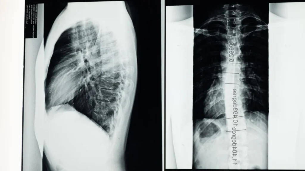 X-ray of a curved spine showing the sideways bend of scoliosis