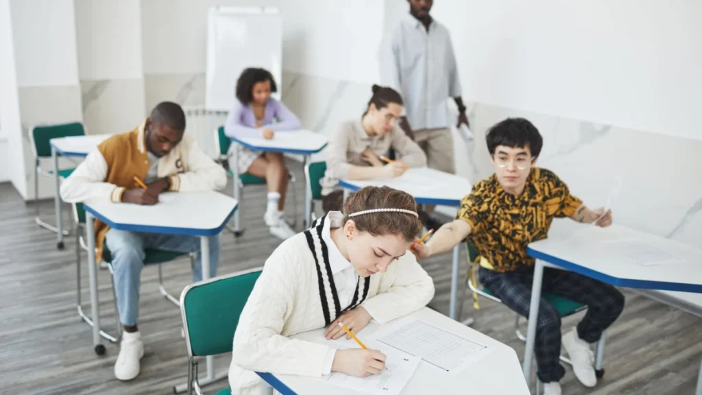 Students taking a written exam, similar to the board exams chiropractors must pass